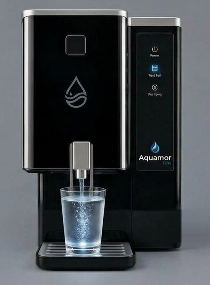 Aquamor Glam AQM-401 black RO water purifier dispensing water