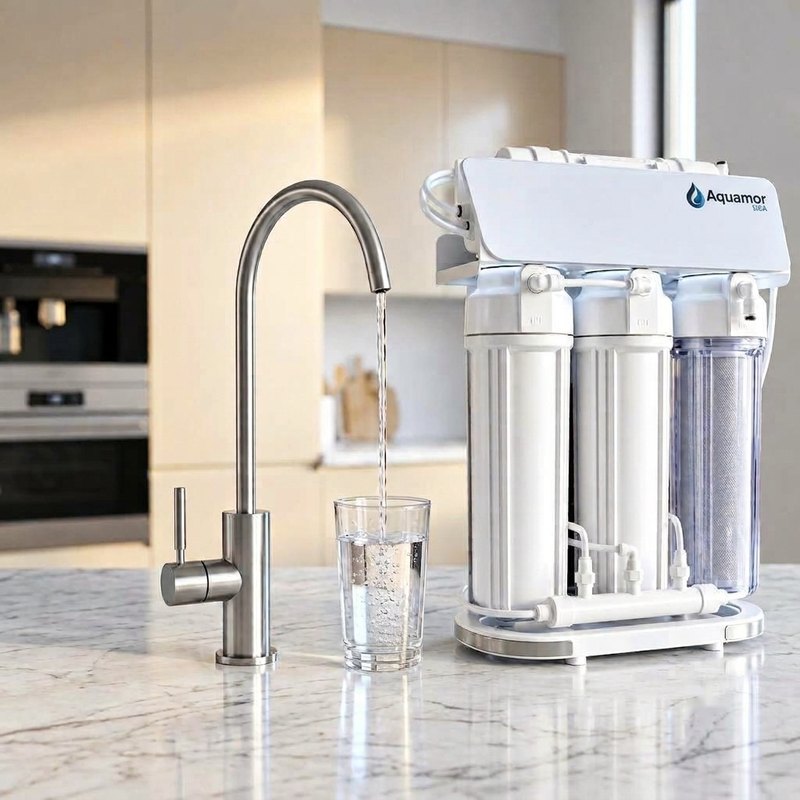 Aquamor AQM-601 under-sink RO purifier beside a kitchen faucet